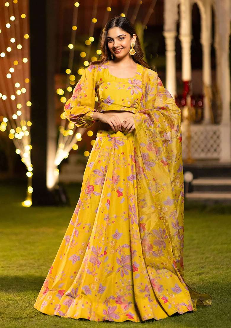 Yellow Printed Silk Lehenga Set - Indya