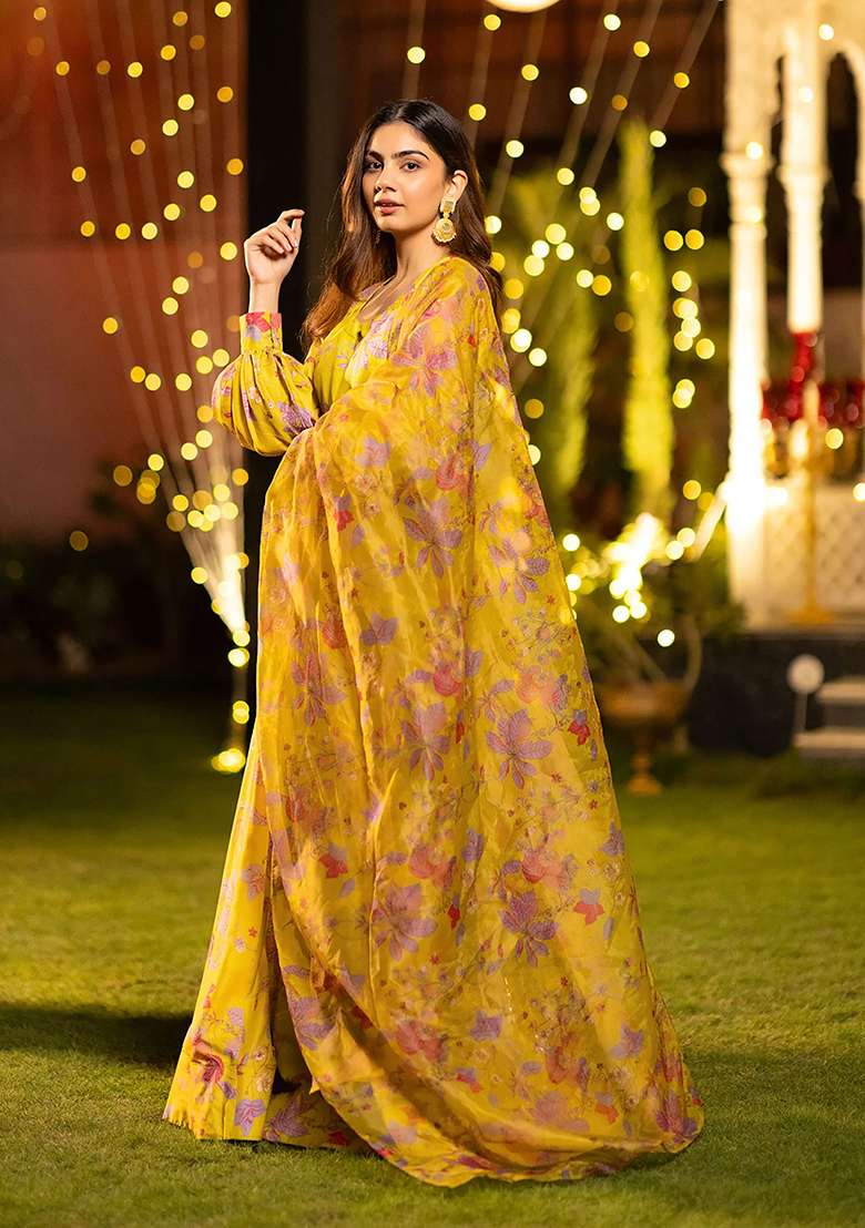 Yellow Printed Silk Lehenga Set - Indya