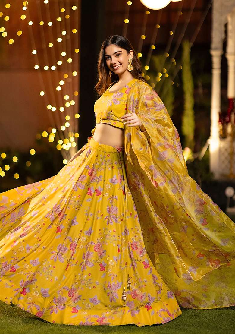 Yellow Printed Silk Lehenga Set - Indya