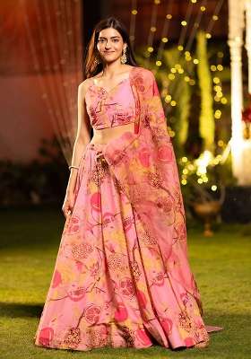 Pink Printed Silk Lehenga Set
