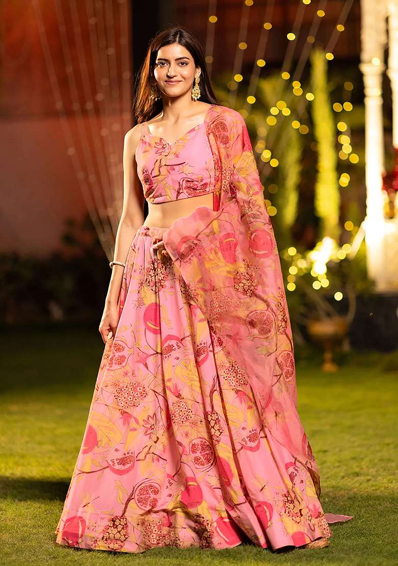 Pink Printed Silk Lehenga Set - Indya