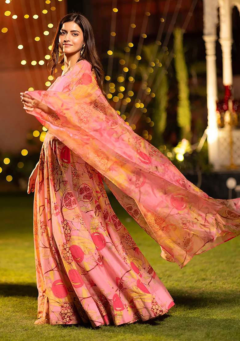 Pink Printed Silk Lehenga Set - Indya