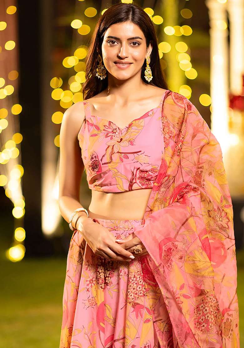 Pink Printed Silk Lehenga Set - Indya
