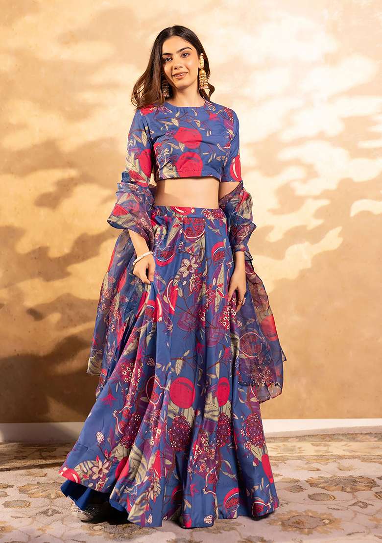 Blue Printed Silk Lehenga Set - Indya