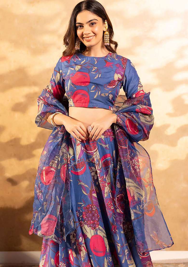 Blue Printed Silk Lehenga Set - Indya