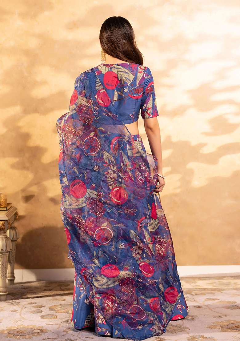 Blue Printed Silk Lehenga Set - Indya