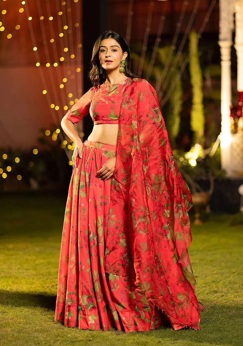 Red Printed Silk Lehenga Set - Indya
