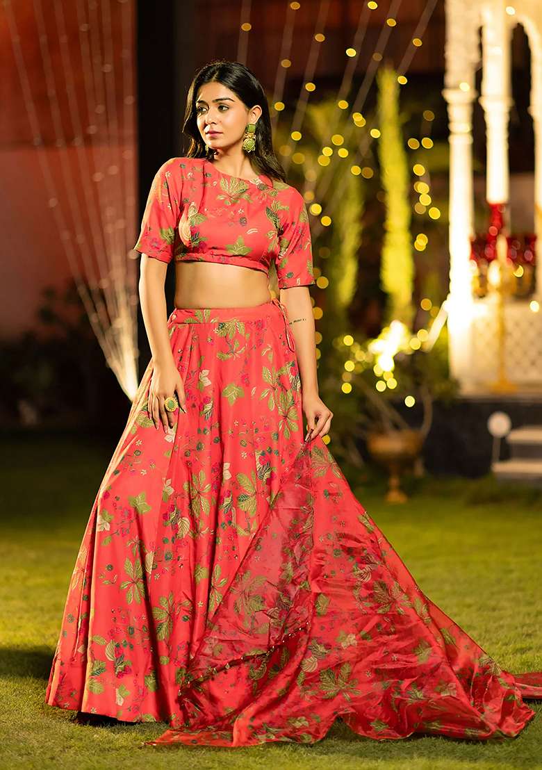 Red Printed Silk Lehenga Set - Indya