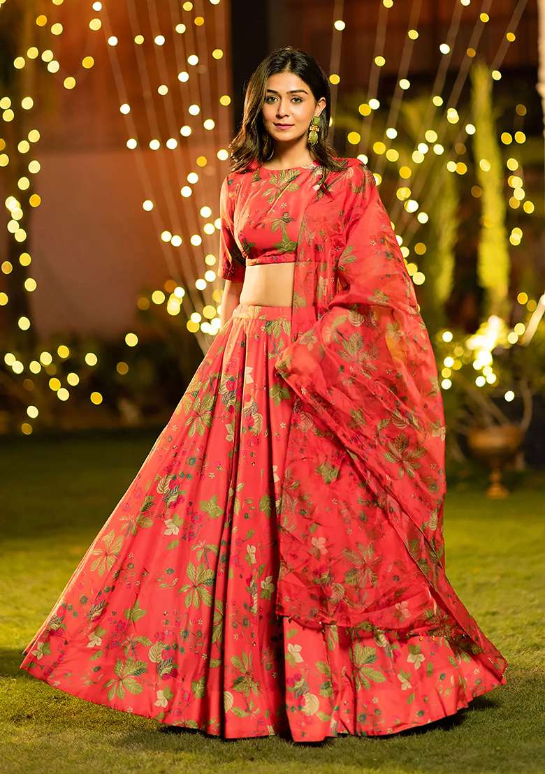 Red Printed Silk Lehenga Set - Indya