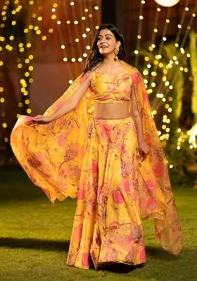 Mustard Yellow Printed Silk Lehenga Set