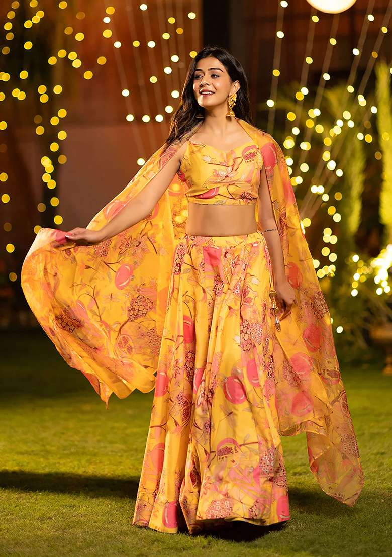 Mustard Yellow Printed Silk Lehenga Set - Indya