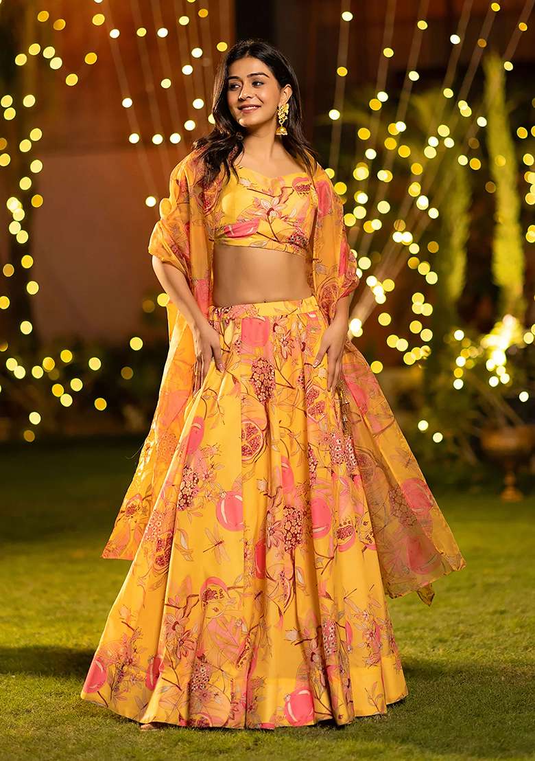 Mustard Yellow Printed Silk Lehenga Set - Indya