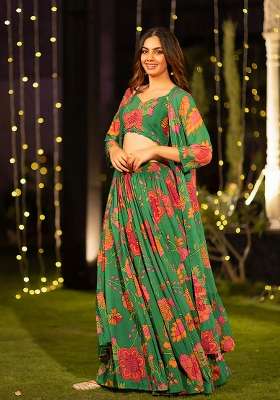 Dark Green Printed Silk Lehenga Set