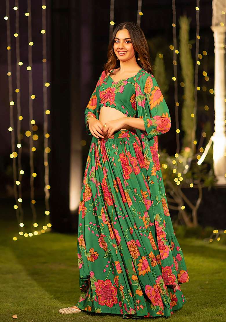 Dark Green Printed Silk Lehenga Set - Indya