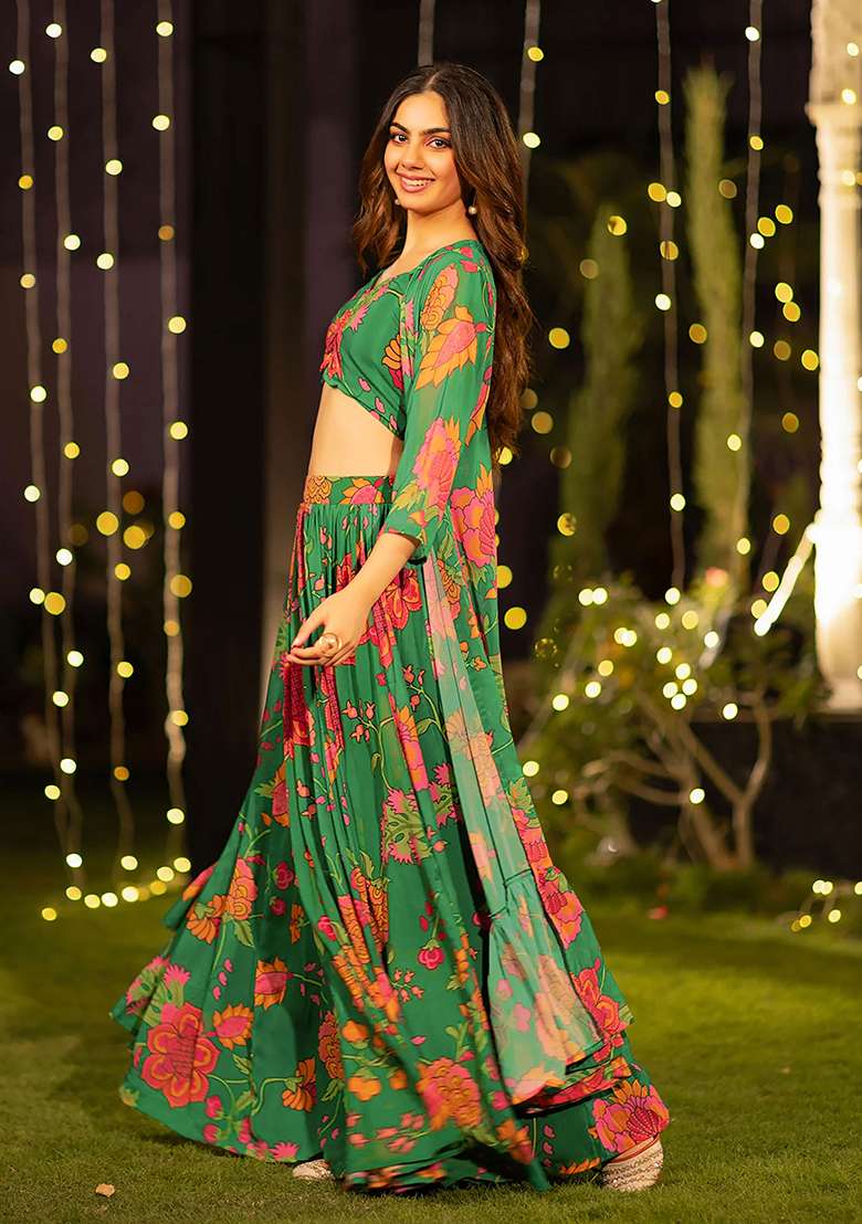 Dark Green Printed Silk Lehenga Set - Indya