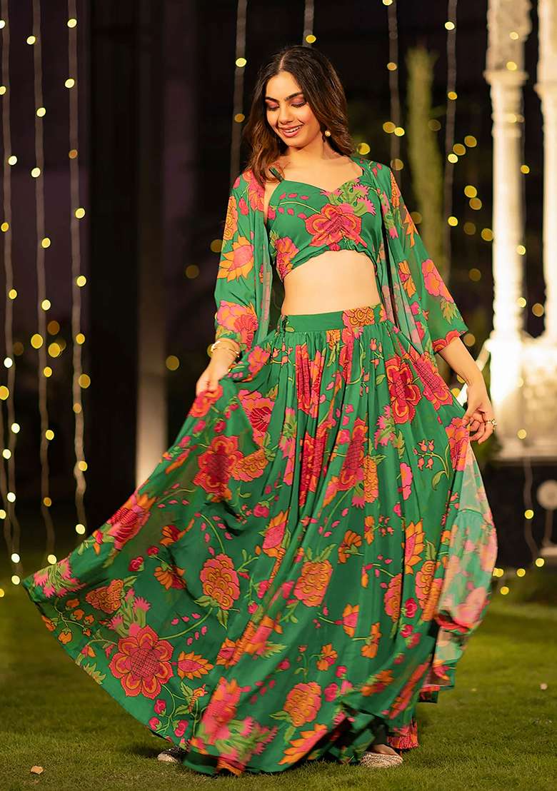 Dark Green Printed Silk Lehenga Set - Indya
