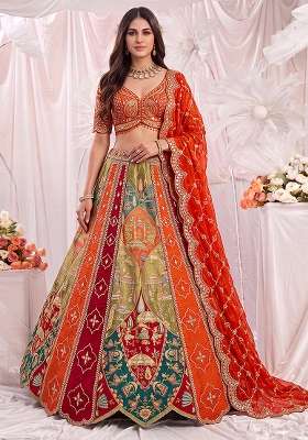 Orange Embroidery Silk Lehenga Set