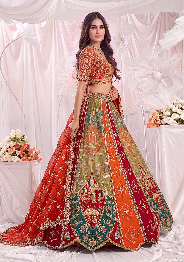 Orange Embroidery Silk Lehenga Set - Indya
