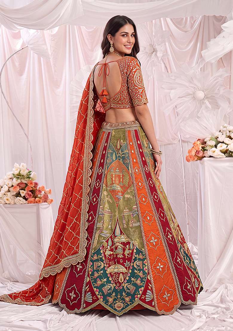 Orange Embroidery Silk Lehenga Set - Indya