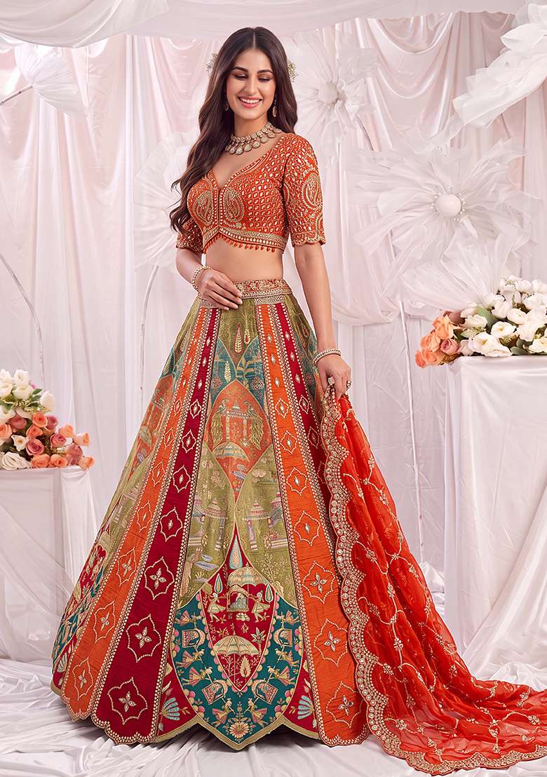 Orange Embroidery Silk Lehenga Set - Indya