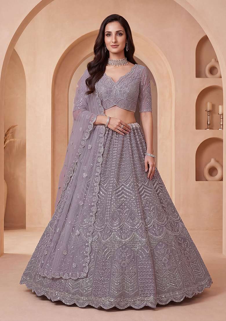 Lavender Embroidery Net Lehenga Set - Indya