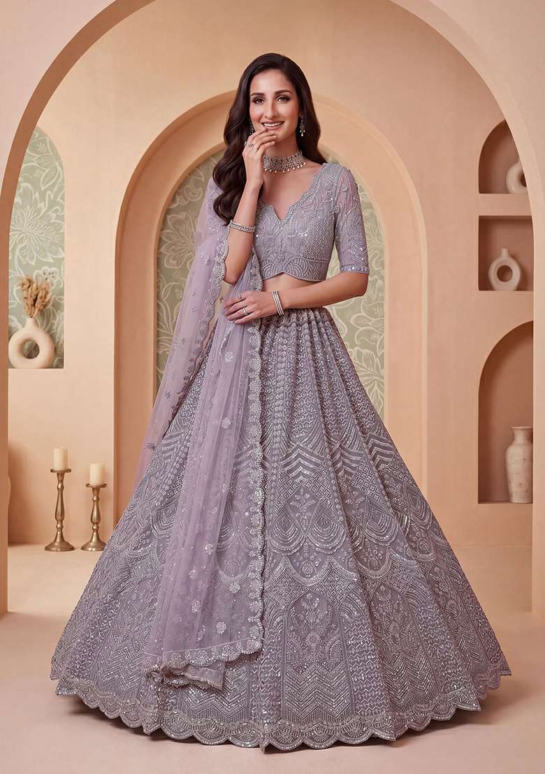 Lavender Embroidery Net Lehenga Set - Indya