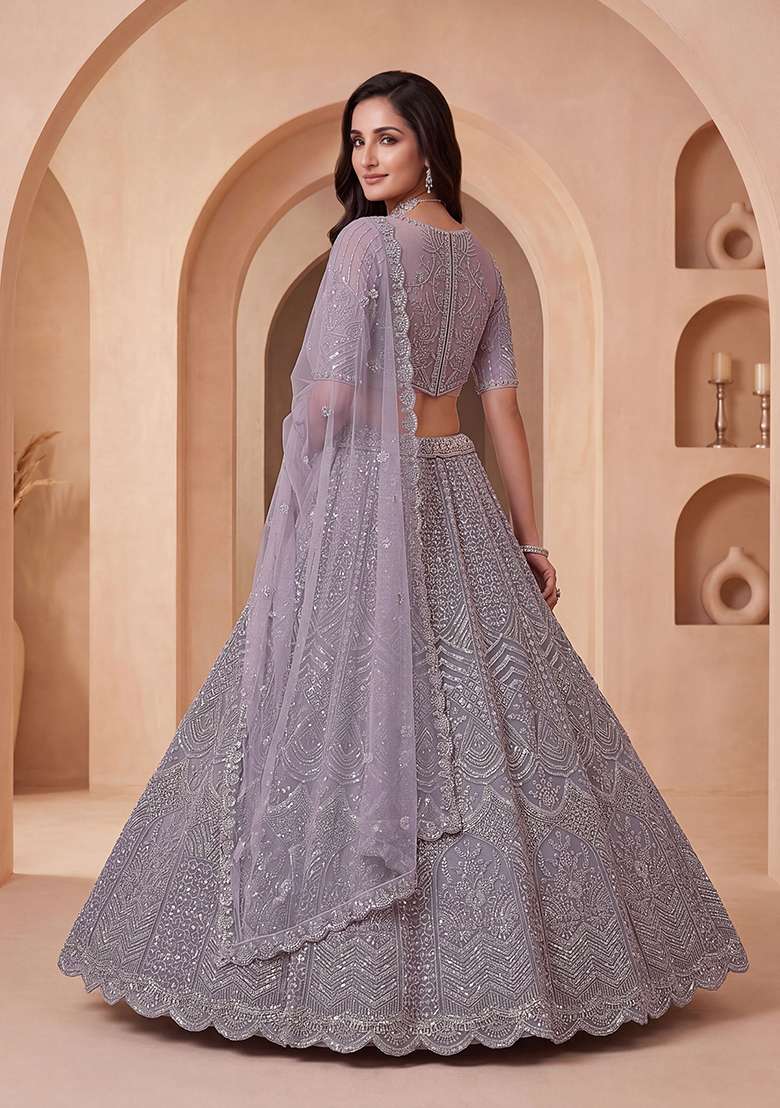 Lavender Embroidery Net Lehenga Set - Indya