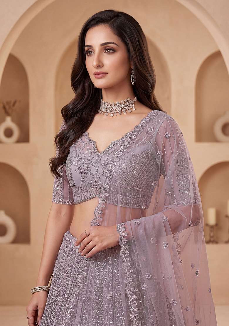 Lavender Embroidery Net Lehenga Set - Indya