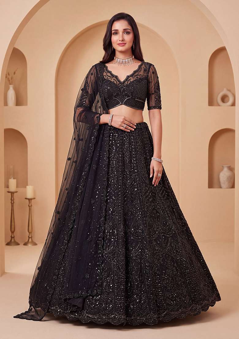 Black Embroidery Net Lehenga Set - Indya