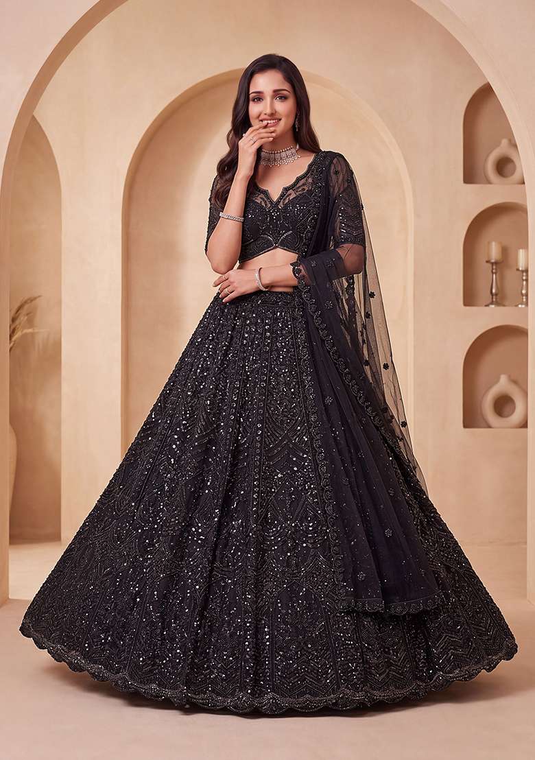 Black Embroidery Net Lehenga Set - Indya