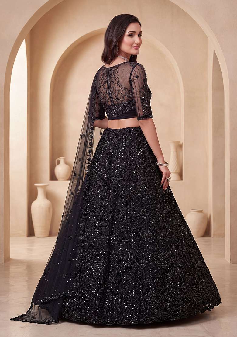Black Embroidery Net Lehenga Set - Indya