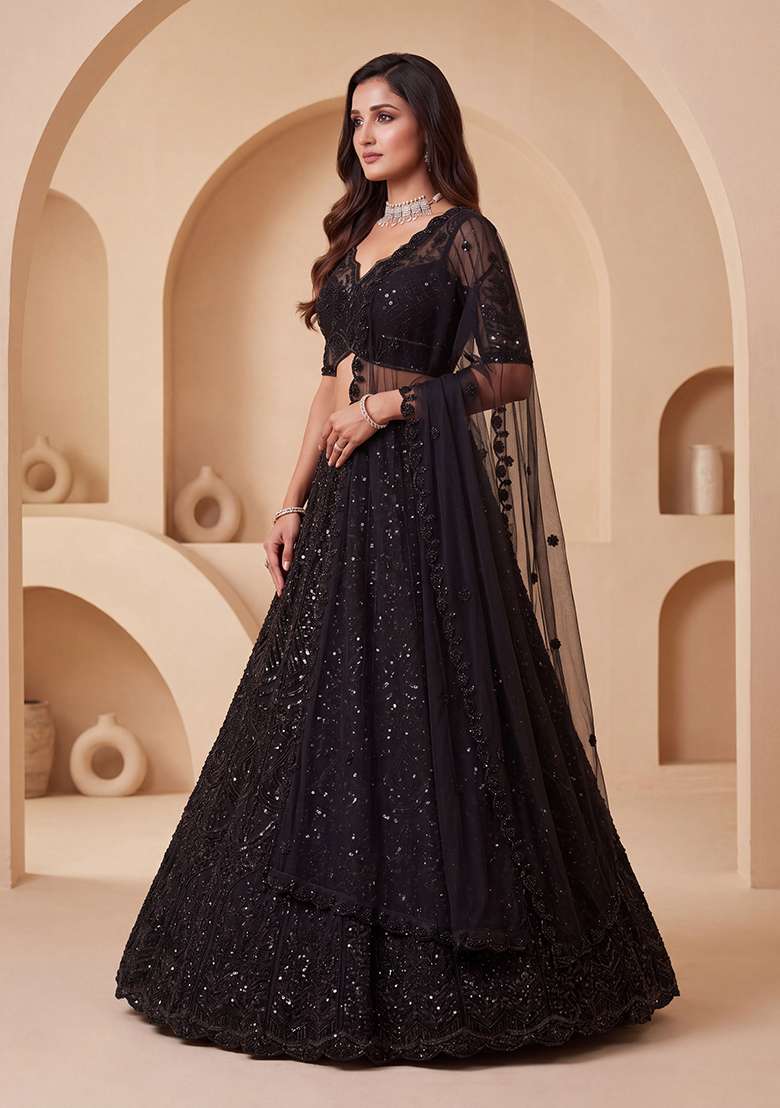 Black Embroidery Net Lehenga Set - Indya