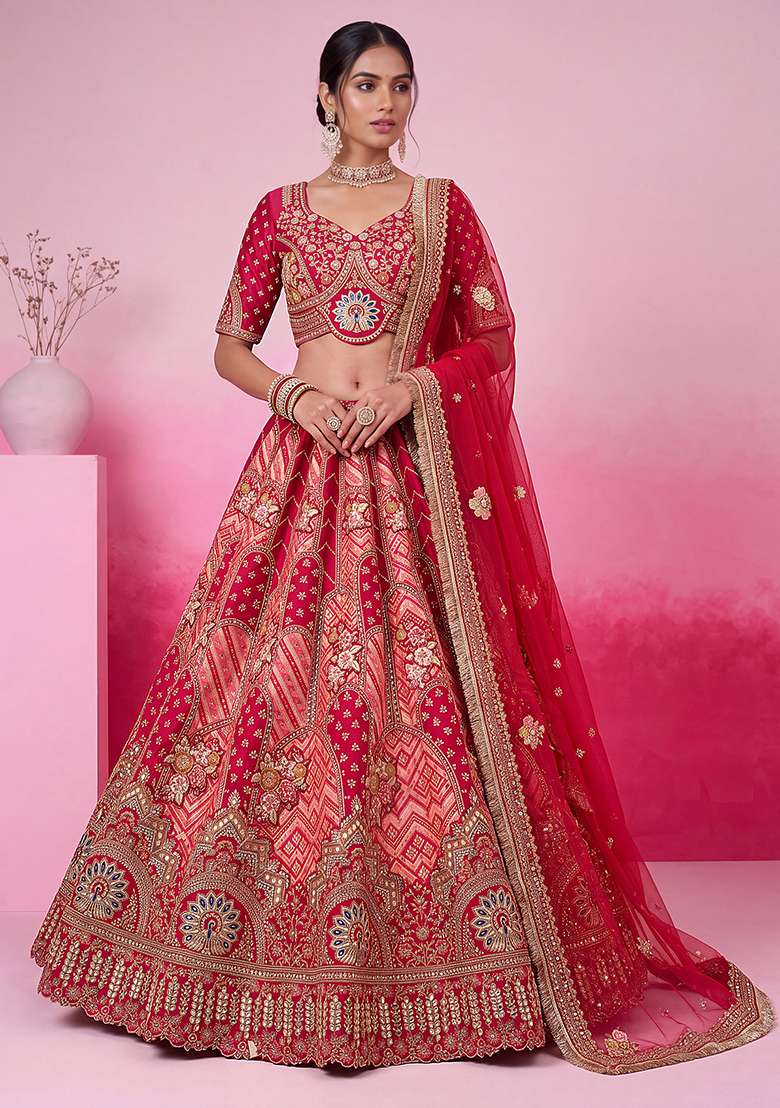 Pink Embroidery Silk Lehenga Set - Indya