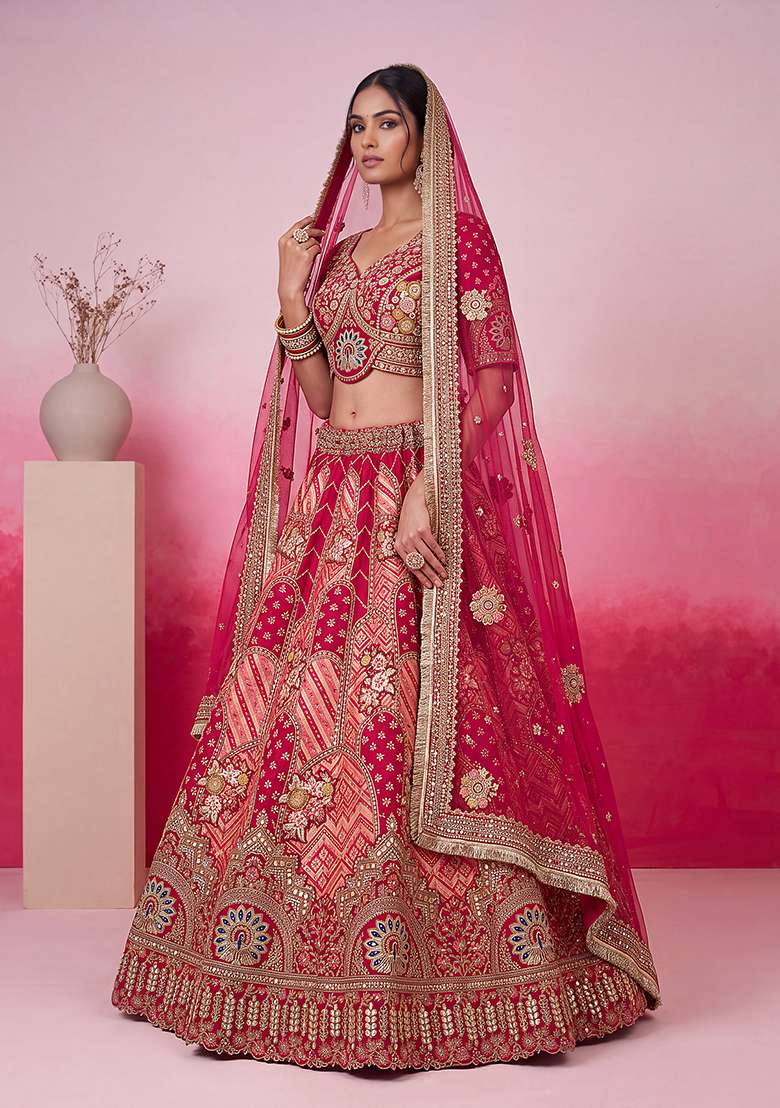Pink Embroidery Silk Lehenga Set - Indya