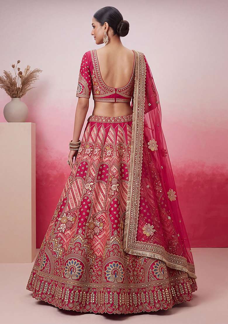 Pink Embroidery Silk Lehenga Set - Indya