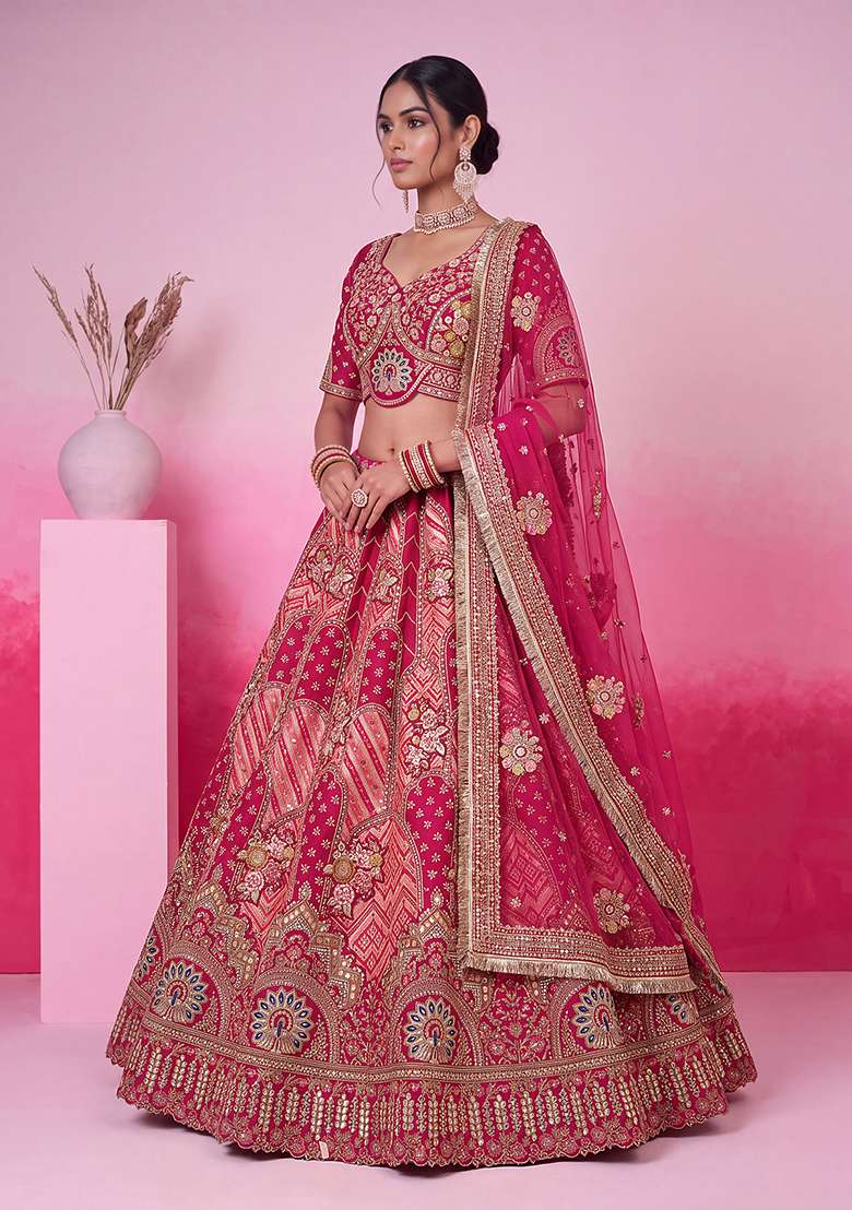 Pink Embroidery Silk Lehenga Set - Indya
