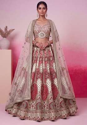 Off White Embroidery Silk Lehenga Set