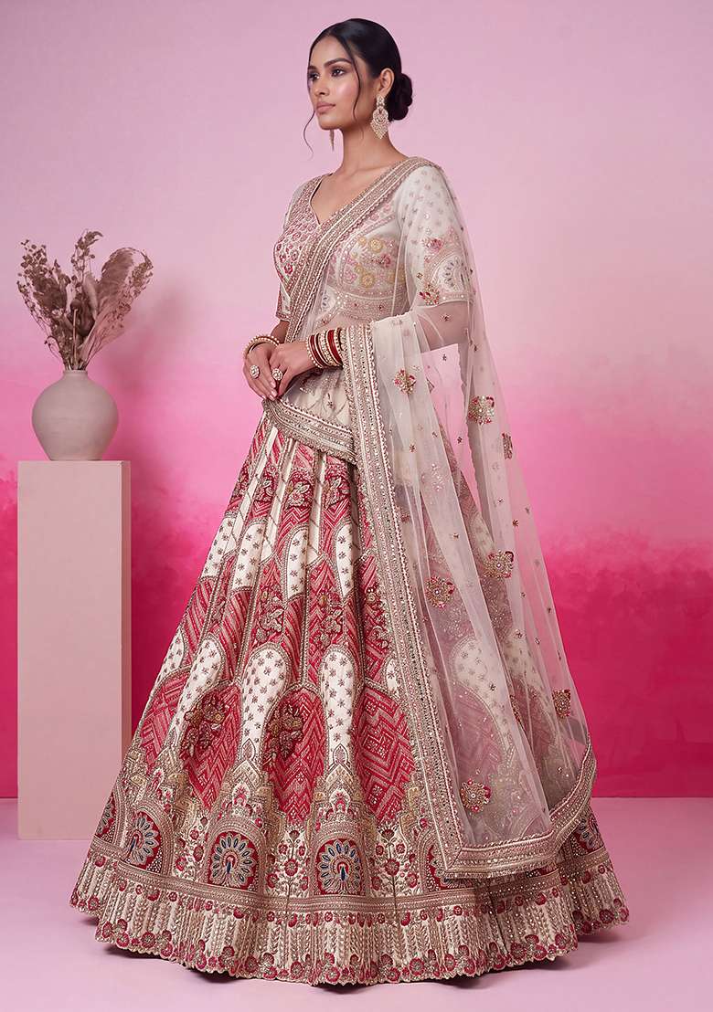 Off White Embroidery Silk Lehenga Set - Indya