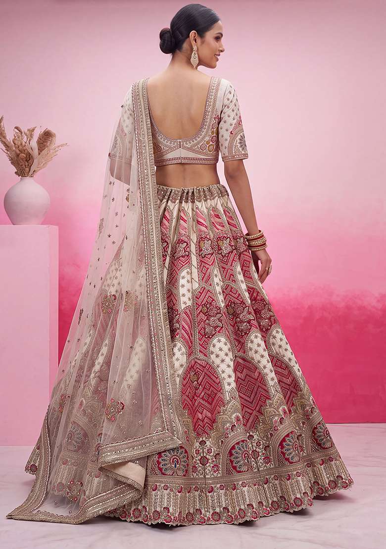 Off White Embroidery Silk Lehenga Set - Indya