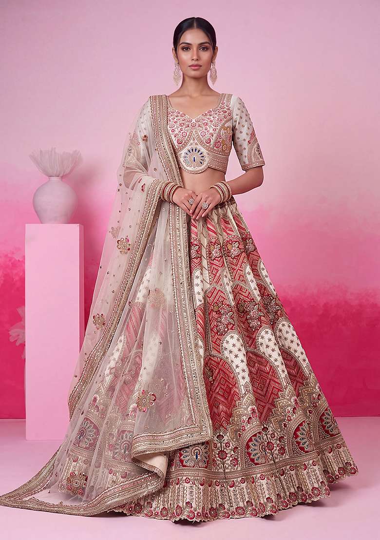 Off White Embroidery Silk Lehenga Set - Indya