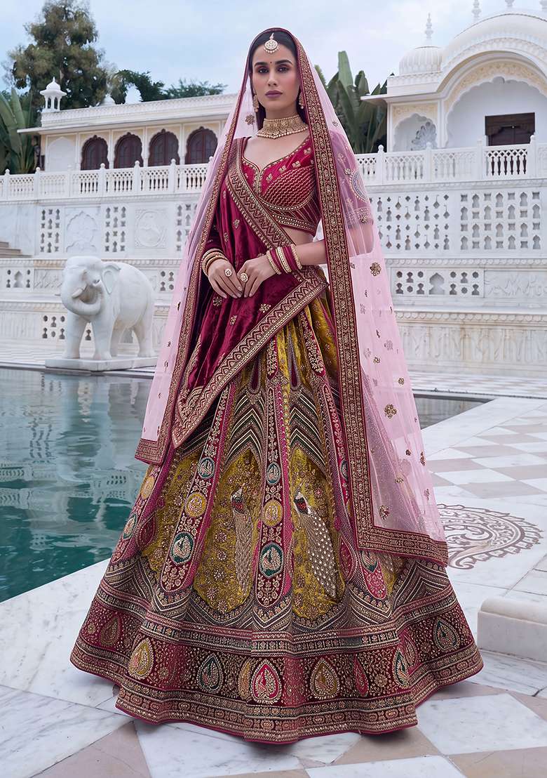 Maroon Embroidery Velvet Lehenga Set - Indya