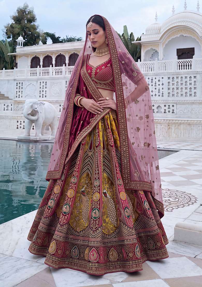 Maroon Embroidery Velvet Lehenga Set - Indya