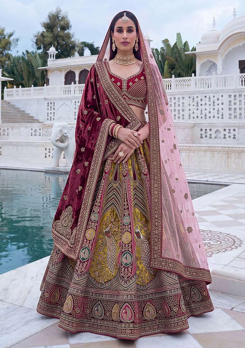 Maroon Embroidery Velvet Lehenga Set - Indya