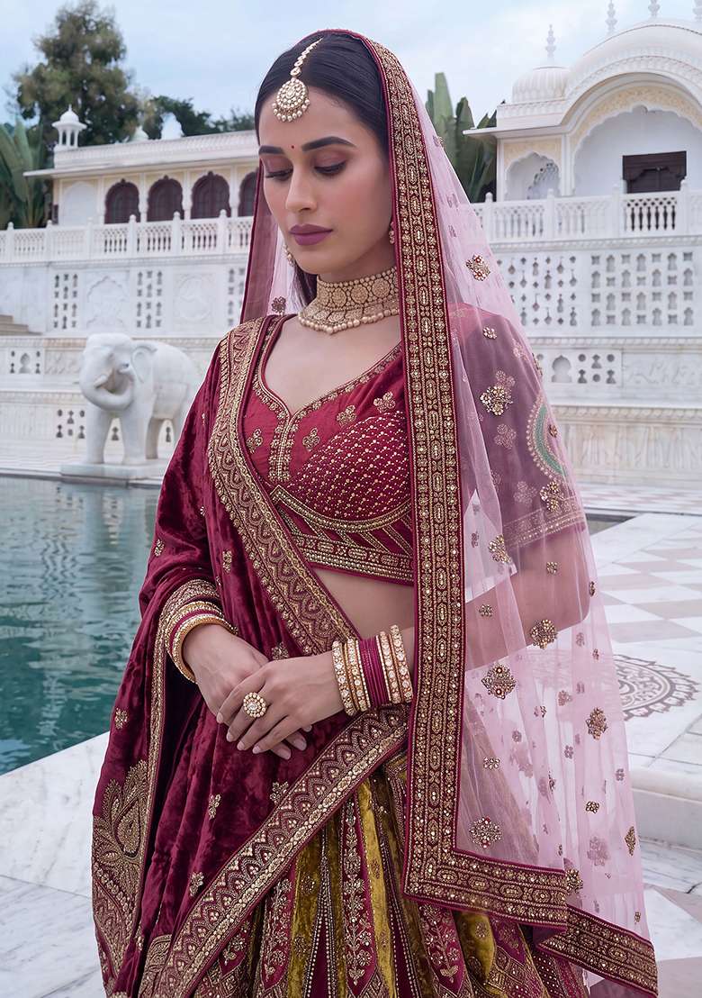 Maroon Embroidery Velvet Lehenga Set - Indya