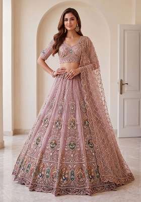 Mauve Embroidery Net Lehenga Set