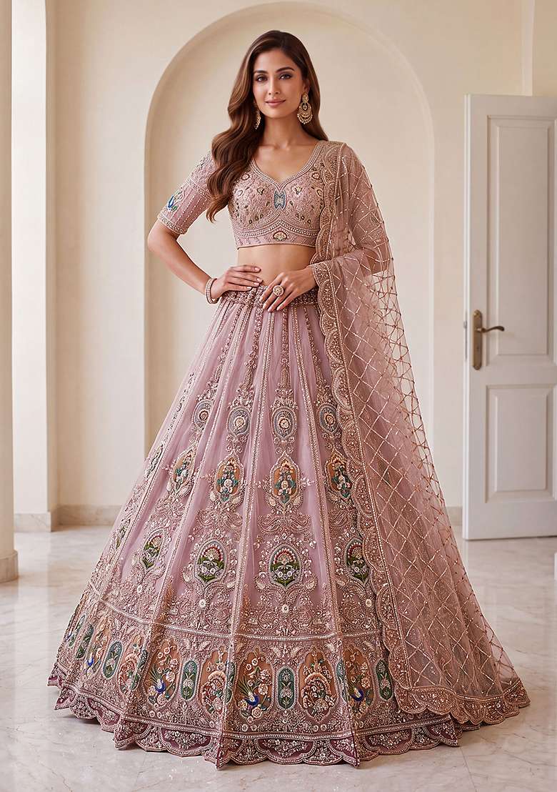 Mauve Embroidery Net Lehenga Set - Indya