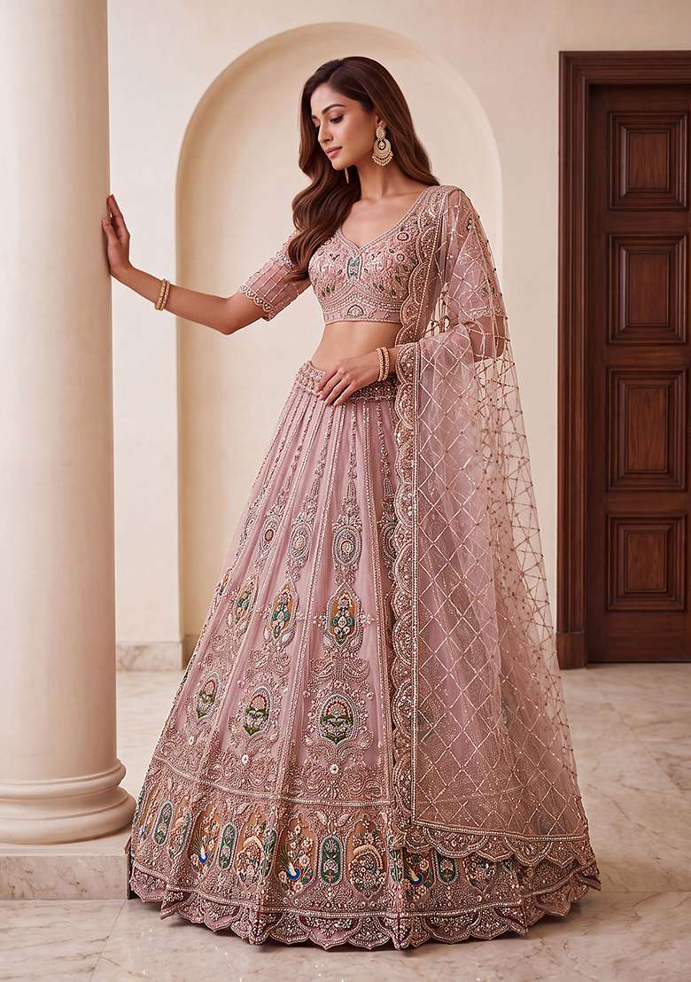 Mauve Embroidery Net Lehenga Set - Indya