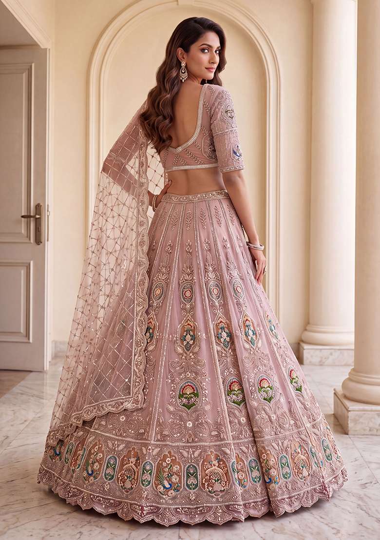 Mauve Embroidery Net Lehenga Set - Indya