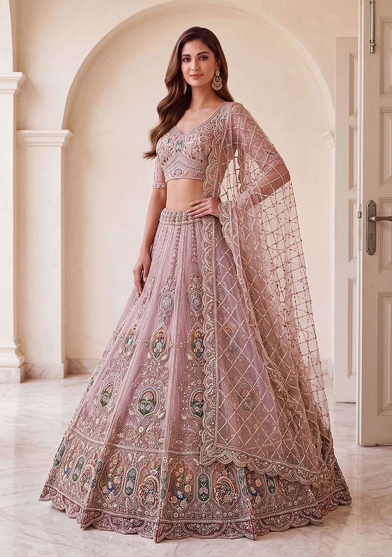 Mauve Embroidery Net Lehenga Set - Indya