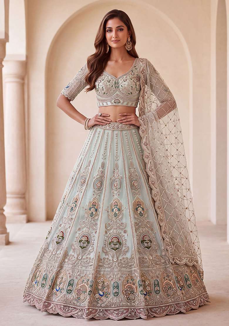 Light Pista Embroidery Net Lehenga Set - Indya